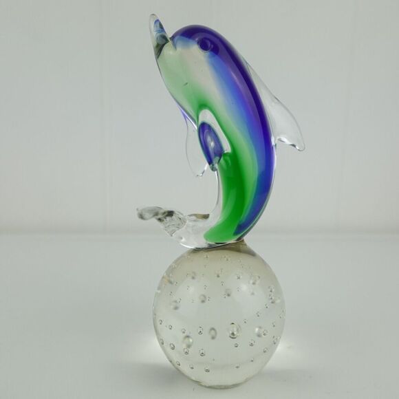 Art Glass Dolphin On Ball Figurine Blue & Green - Picture 3 of 9